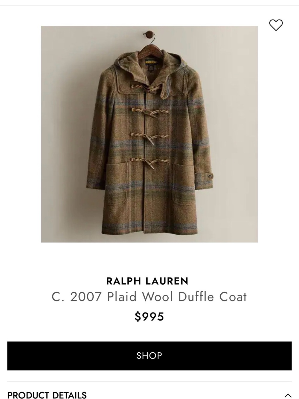 Vintage 2007 Rugby Ralph Lauren Brown Plaid Wool Toggle Duffle Coat